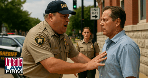 Oklahoma sheriff in uniform shoving a man during a daytime confrontation near a patrol vehicle, with another deputy approaching in the background.