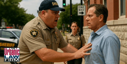 Oklahoma sheriff in uniform shoving a man during a daytime confrontation near a patrol vehicle, with another deputy approaching in the background.