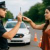 Attractive woman performing a roadside field sobriety test with a police officer during a daytime DUI stop, with cones and a patrol car in the background.