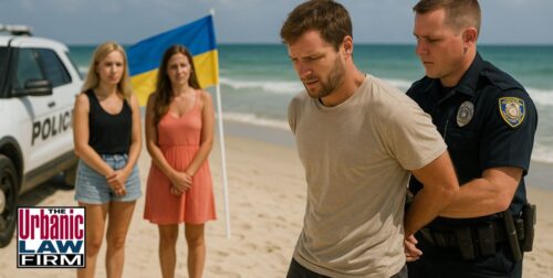 Police officer arrests intoxicated man on a Florida beach while two Ukrainian women stand nearby with a Ukrainian flag, illustrating Oklahoma assault and hate crime laws.