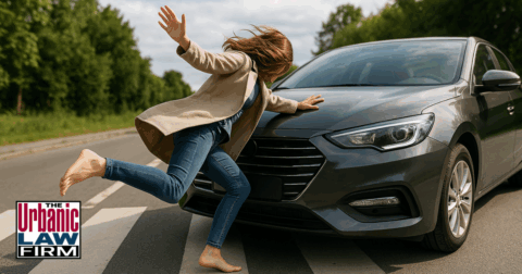 Barefoot woman struck by car on sunny Oklahoma roadway, representing assault with a vehicle scenario under Oklahoma law.