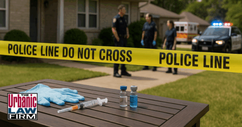 Daytime scene of an Oklahoma suburban home with accurate “POLICE LINE DO NOT CROSS” tape, medical vials and gloves on a table, and police and EMS assessing the area, symbolizing a fatal cosmetic-procedure investigation.