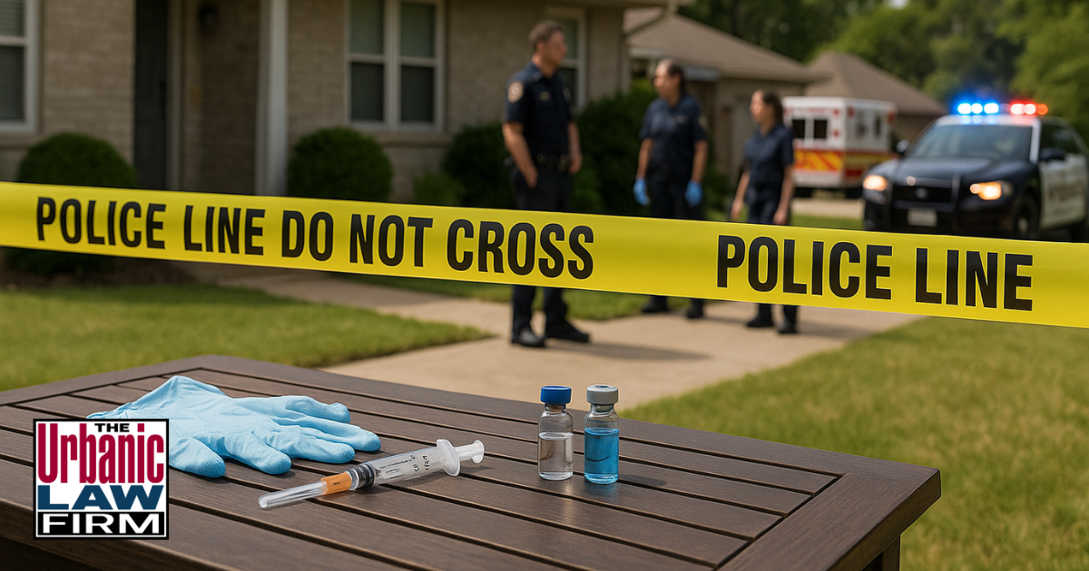 Daytime scene of an Oklahoma suburban home with accurate “POLICE LINE DO NOT CROSS” tape, medical vials and gloves on a table, and police and EMS assessing the area, symbolizing a fatal cosmetic-procedure investigation.