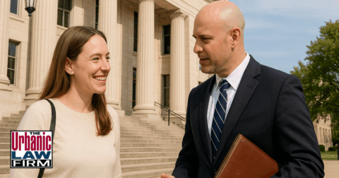 Daytime scene outside an Oklahoma courthouse showing an attorney speaking with a smiling woman on the courthouse steps, representing a successful criminal case dismissal.