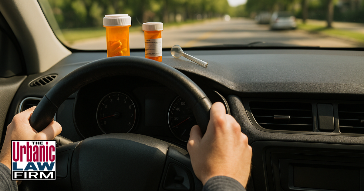Daytime Oklahoma driving scene showing hands gripping a steering wheel with prescription pill bottles and paraphernalia on dashboard, symbolizing DUI-drugs offense.