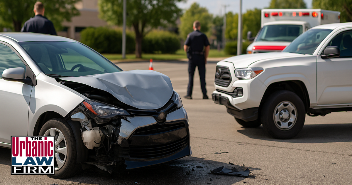 Daytime Oklahoma intersection crash scene showing damaged sedan and pickup truck with police officers and an ambulance in the background, representing DUI causing great bodily injury cases.