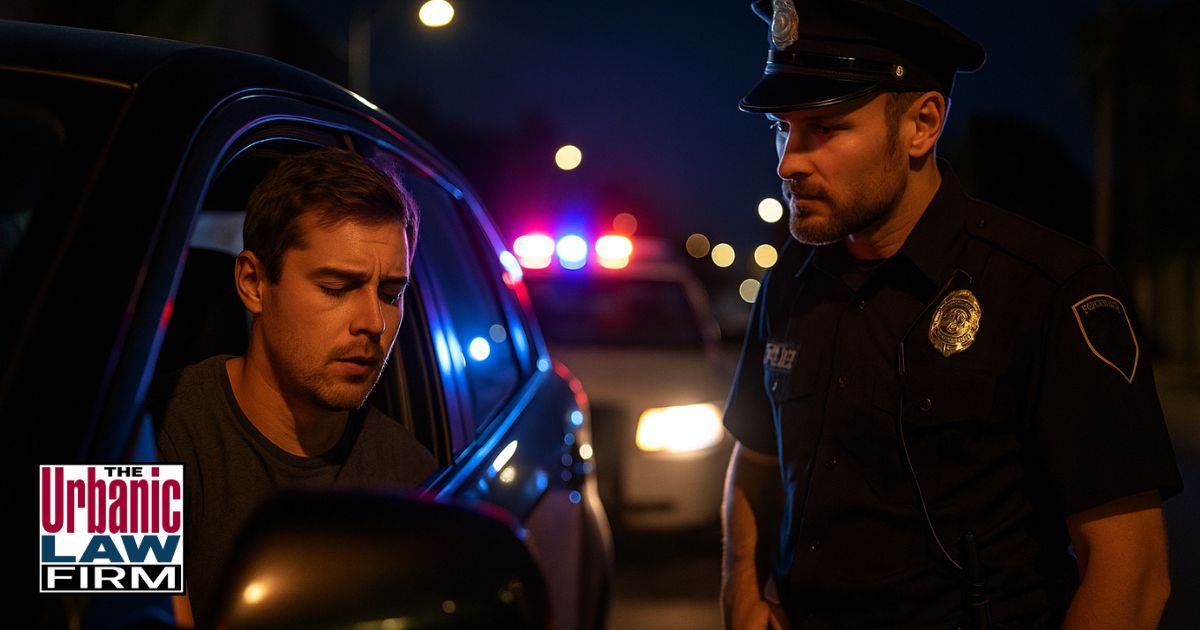 Nighttime Oklahoma DUI traffic stop with police officer speaking to driver at car window