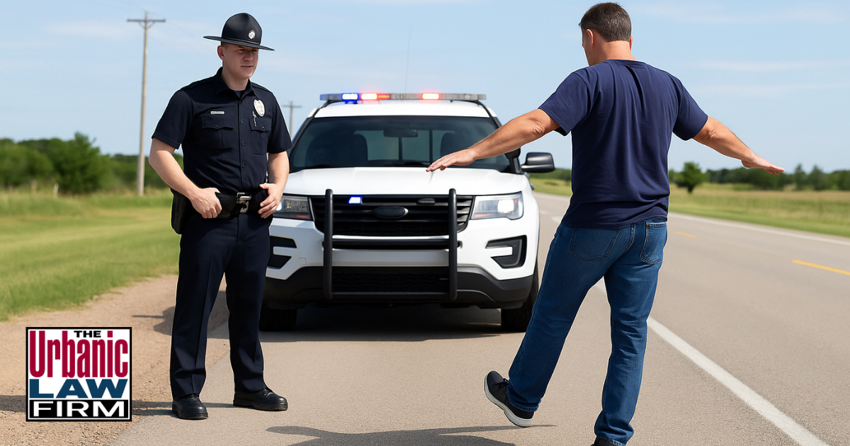 Daytime roadside DUI investigation with a police officer watching a driver perform a field sobriety test beside a patrol vehicle on an open rural highway.