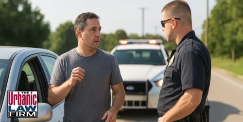 A police officer conducts a daytime DUI traffic stop on a sunny Oklahoma highway as the driver stands beside his car, with a patrol vehicle in the background.