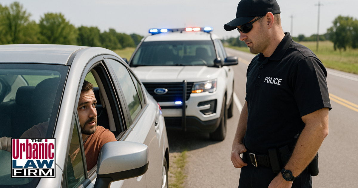 Daytime roadside traffic stop in Oklahoma with a police officer standing beside the driver’s side of a silver sedan while the driver sits in the front left seat talking through the open window, with a patrol SUV and rural highway in the background.