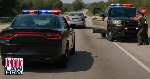 Daytime Oklahoma highway police pursuit showing patrol cars with flashing lights chasing a speeding vehicle, representing eluding and DUI defense.