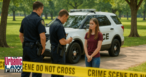 Daytime scene in an Oklahoma park showing police officers speaking with a young woman near a patrol SUV behind crime-scene tape.
