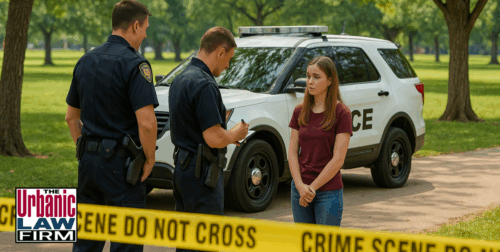 Daytime scene in an Oklahoma park showing police officers speaking with a young woman near a patrol SUV behind crime-scene tape.