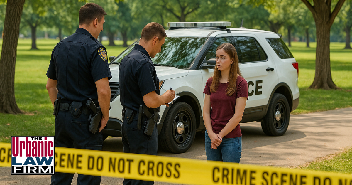 Daytime scene in an Oklahoma park showing police officers speaking with a young woman near a patrol SUV behind crime-scene tape.
