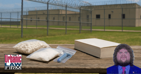 Contraband items and a paperback book arranged on a weathered wooden table outside a prison fence with razor wire on a bright daytime backdrop.