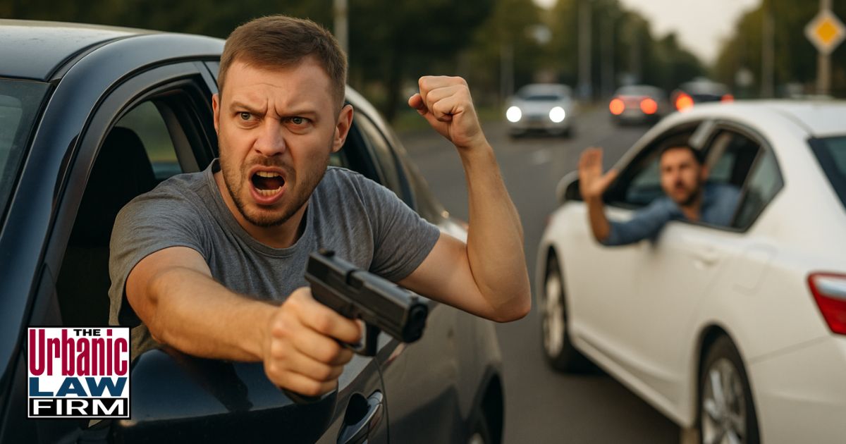 Angry driver pointing a handgun out of his car window during a daytime road rage confrontation on an Oklahoma highway, with another driver raising his hands in the next lane.