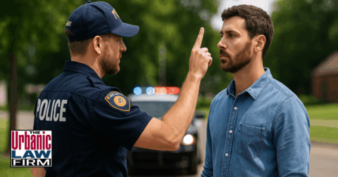 Oklahoma police officer administering a daytime field sobriety test to a driver during a traffic stop.
