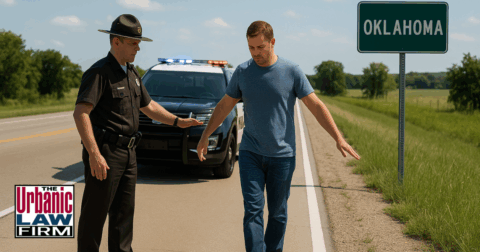 aytime Oklahoma roadside scene with a police officer giving a walk-and-turn field sobriety test to a driver beside a patrol SUV on a rural highway.