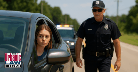 Daytime Oklahoma roadside traffic stop showing a teen female driver in a pulled-over car as a police officer approaches from behind.
