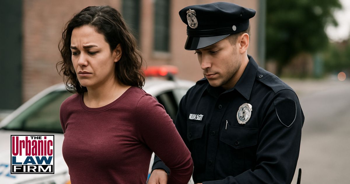 Police officer placing handcuffs on a woman during an arrest on a city sidewalk, representing Oklahoma criminal investigations and sex crime charges.