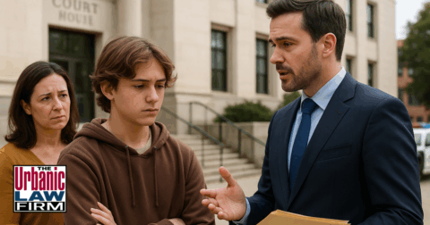 Teen and parent meeting with defense attorney outside an Oklahoma courthouse in daytime, symbolizing youthful offender legal representation and guidance.
