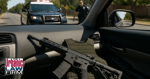 View from inside a car during a daytime Oklahoma traffic stop, showing a rifle and body armor on the passenger seat as a police officer approaches from a patrol SUV.