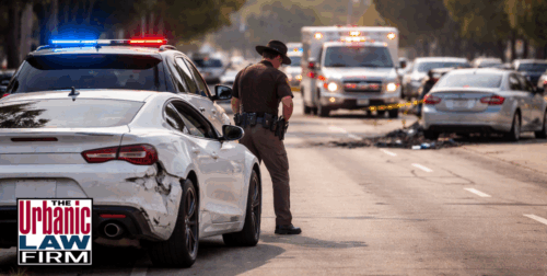 Daytime Oklahoma street crash scene with damaged cars and highway patrol officer investigating, illustrating dangerous driving and hit-and-run criminal defense by The Urbanic Law Firm.