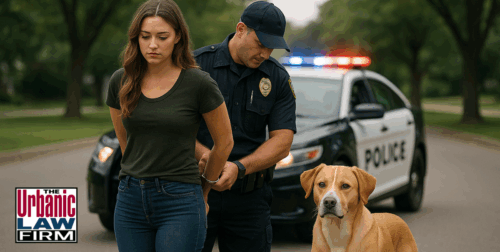 A woman is arrested by an Oklahoma police officer during the day while a police dog watches nearby, visually representing an Oklahoma animal crime investigation.