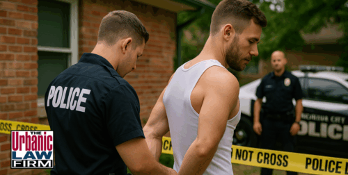 Police handcuffing a man in a white tank top outside an Oklahoma home during a daytime criminal investigation, representing serious felony charges and defense issues handled by the Urbanic Law Firm.