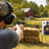 Daytime photo of a man practicing pistol target shooting in a rural Oklahoma backyard with hay-bale backstop and paper silhouette target, illustrating how stray bullets and firearms use can lead to serious charges defended by The Urbanic Law Firm’s Oklahoma obscene and threatening communication criminal defense attorneys.