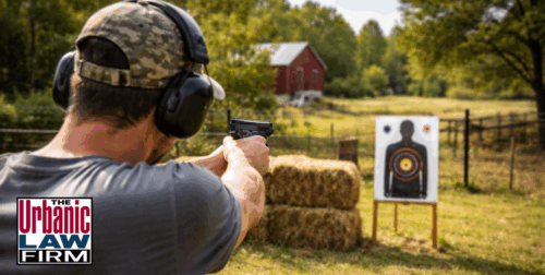 Daytime photo of a man practicing pistol target shooting in a rural Oklahoma backyard with hay-bale backstop and paper silhouette target, illustrating how stray bullets and firearms use can lead to serious charges defended by The Urbanic Law Firm’s Oklahoma obscene and threatening communication criminal defense attorneys.