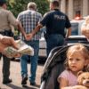 Daytime scene outside an Oklahoma-style courthouse with police arresting an older man while another man holds cash near a mother with a baby and a young child in a stroller, illustrating alleged buying-a-baby and child trafficking charges defended by The Urbanic Law Firm.