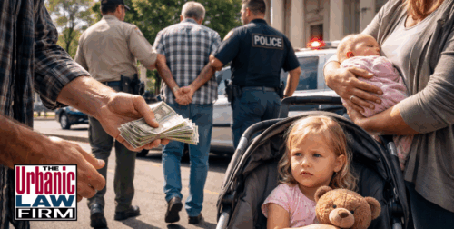 Daytime scene outside an Oklahoma-style courthouse with police arresting an older man while another man holds cash near a mother with a baby and a young child in a stroller, illustrating alleged buying-a-baby and child trafficking charges defended by The Urbanic Law Firm.