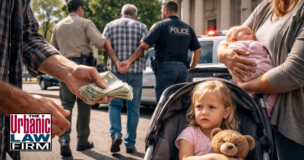 Daytime scene outside an Oklahoma-style courthouse with police arresting an older man while another man holds cash near a mother with a baby and a young child in a stroller, illustrating alleged buying-a-baby and child trafficking charges defended by The Urbanic Law Firm.