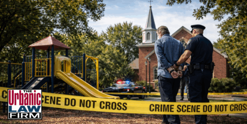 Daytime scene outside an Oklahoma brick church with a children’s playground and crime scene tape as police handcuff and escort an older man, illustrating child sex abuse arrest criminal defense representation by The Urbanic Law Firm.