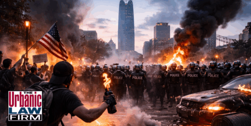 Daytime photograph-style image of a violent riot in downtown Oklahoma City showing masked individuals throwing objects, smoke in the street, and police vehicles forming a barrier, illustrating high-stakes Oklahoma criminal defense representation by The Urbanic Law Firm for people accused of riot and serious public-disorder offenses.