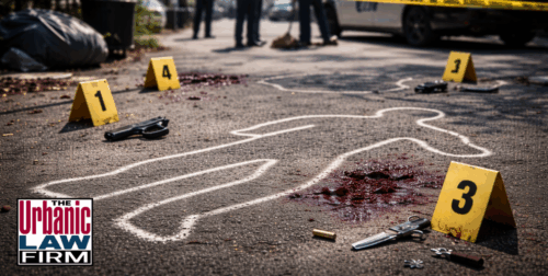 Daytime Oklahoma crime scene with chalk body outline on the pavement, police vehicles, and investigators working the area, illustrating homicide criminal defense cases handled by The Urbanic Law Firm.