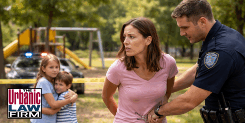 Daytime Oklahoma park scene with police officer handcuffing a worried mother while her two young children watch near a patrol car and crime-scene tape, illustrating crimes affecting children defense cases handled by The Urbanic Law Firm.