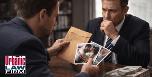 Daytime scene of a man in a suit nervously reviewing compromising photos across a table from another man holding an envelope and stacks of cash, symbolizing blackmail, extortion, and coercive communications in Oklahoma, illustrating obscene or threatening communication criminal defense representation by The Urbanic Law Firm.