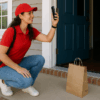 Female delivery driver holding up her phone at an open front door in an Oklahoma neighborhood, leaving a food order on the porch, illustrating criminal defense cases handled by The Urbanic Law Firm.