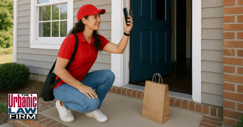 Female delivery driver holding up her phone at an open front door in an Oklahoma neighborhood, leaving a food order on the porch, illustrating criminal defense cases handled by The Urbanic Law Firm.