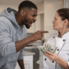 Daytime photograph of an angry man in a gray hoodie arguing with a private chef holding cash in a modern kitchen, illustrating alleged assault and payment disputes that can lead to serious Oklahoma criminal charges and the type of high-stakes criminal defense handled by The Urbanic Law Firm.