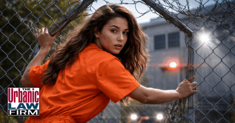 Daytime scene of a woman in an orange jail jumpsuit squeezing through a damaged chain-link fence near a prison yard, symbolizing serious Oklahoma escape and custody-evasion accusations, including obscene or threatening communication charges, defended by The Urbanic Law Firm’s criminal defense attorneys.