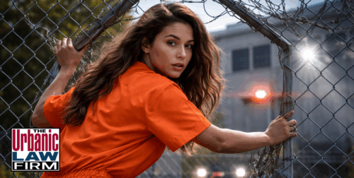 Daytime scene of a woman in an orange jail jumpsuit squeezing through a damaged chain-link fence near a prison yard, symbolizing serious Oklahoma escape and custody-evasion accusations, including obscene or threatening communication charges, defended by The Urbanic Law Firm’s criminal defense attorneys.
