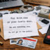 Daytime photo of a wooden desk with a threatening ransom letter, handgun, bullets, cash, smartphone showing a blocked caller, and evidence bag, illustrating Oklahoma obscene and threatening communication, extortion, and blackmail criminal defense representation by The Urbanic Law Firm.