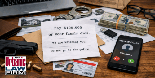 Daytime photo of a wooden desk with a threatening ransom letter, handgun, bullets, cash, smartphone showing a blocked caller, and evidence bag, illustrating Oklahoma obscene and threatening communication, extortion, and blackmail criminal defense representation by The Urbanic Law Firm.