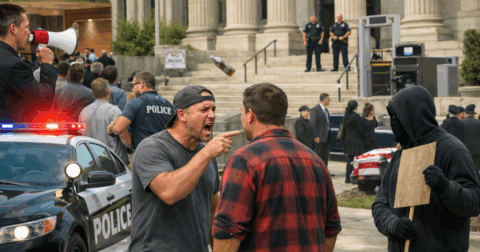Daytime Oklahoma courthouse and police scene illustrating disorderly conduct and public decency criminal defense representation by The Urbanic Law Firm