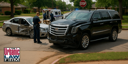 Daytime Oklahoma residential crash scene with damaged Escalade-style SUV and small car, police and paramedics responding to serious DUI great bodily injury case for Urbanic Law Firm