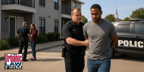 Daytime scene outside an Oklahoma apartment complex with a police SUV and an officer escorting a handcuffed man, illustrating alleged home invasion, stalking, and breaking and entering charges defended by The Urbanic Law Firm.