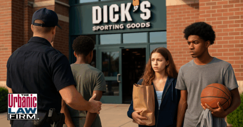 Daytime image of Oklahoma law enforcement detaining juvenile suspects outside a sporting goods store, representing juvenile retail theft and conspiracy charges defended by the Urbanic Law Firm.